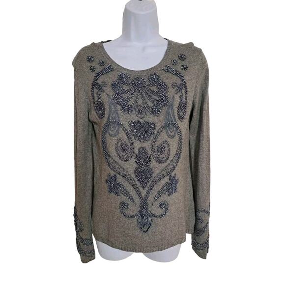 Michael Simon Sweaters - Michael Simon Womens Sz L Henley Sweater Silk Cashmere Gray Embellished Thermal